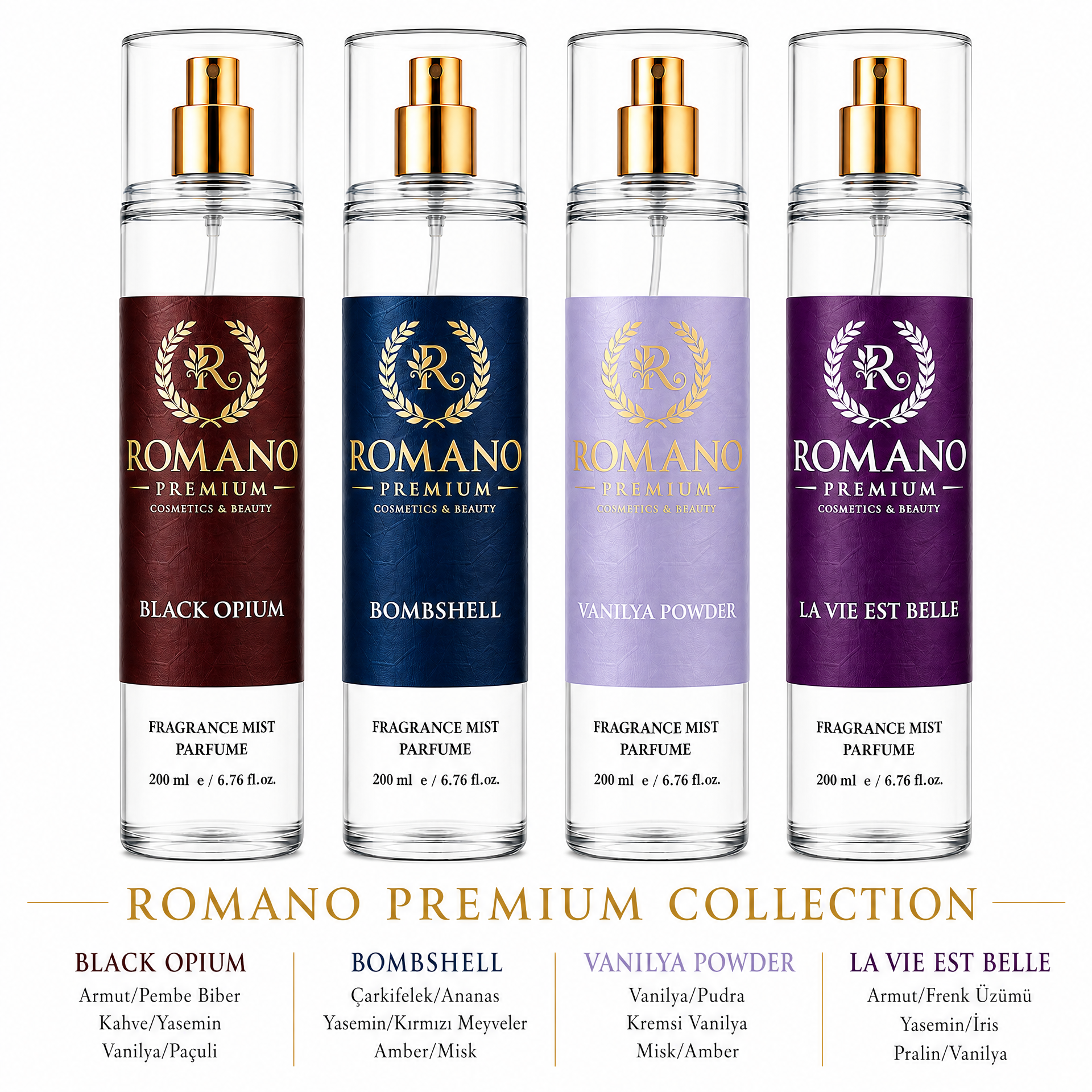Romano Bombshell-La Vie est Belle-Black Opium-Vanilya Powder 4 Lü Set Vücut Spreyi 200 ml Kalıcı Yüksek esans!